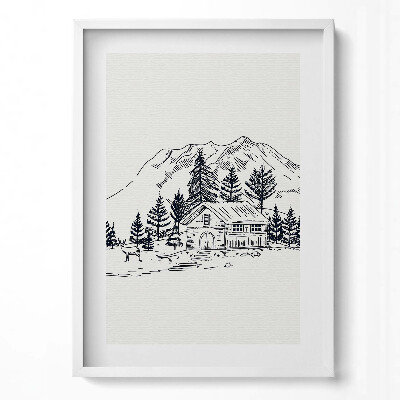 Obraz v rámu dekorativní Kresba chaty v horách