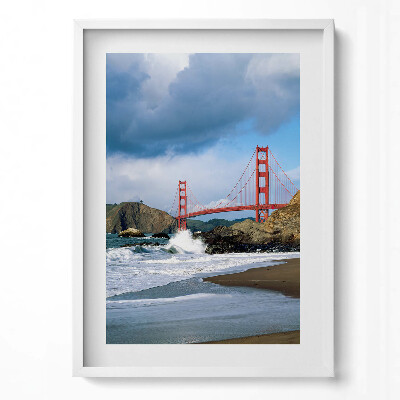 Obraz v rámu dekorativní Mořské vlny, pobřeží a červený most