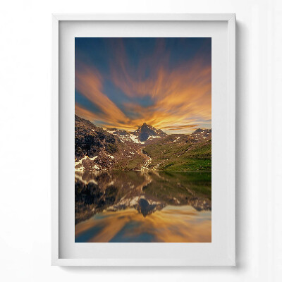 Obraz v rámu dekorativní Horské jezero a západ slunce