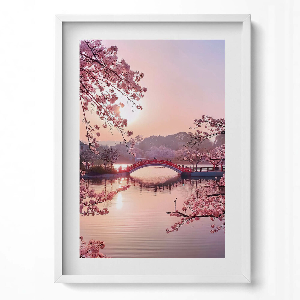Obraz v rámu dekorativní Třešňové květy a most - japonský styl