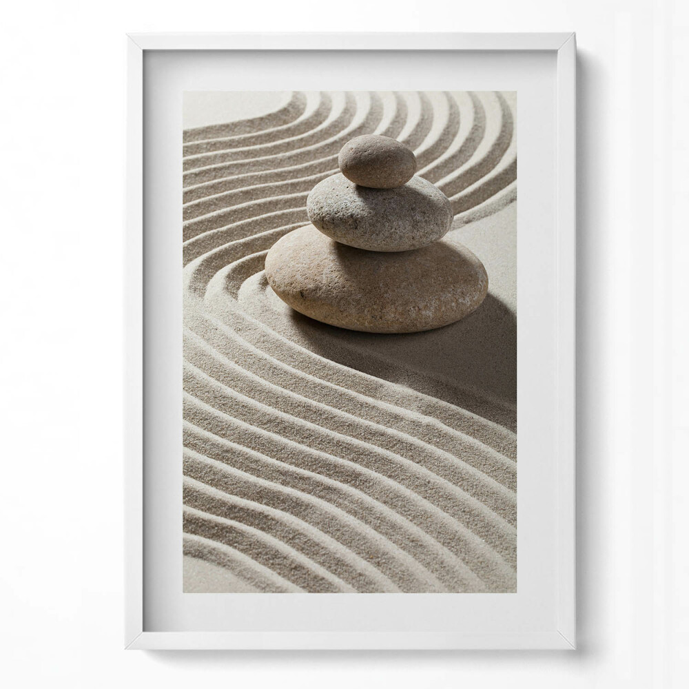 Obraz v rámu dekorativní Hromada kamenů na zenovém písku