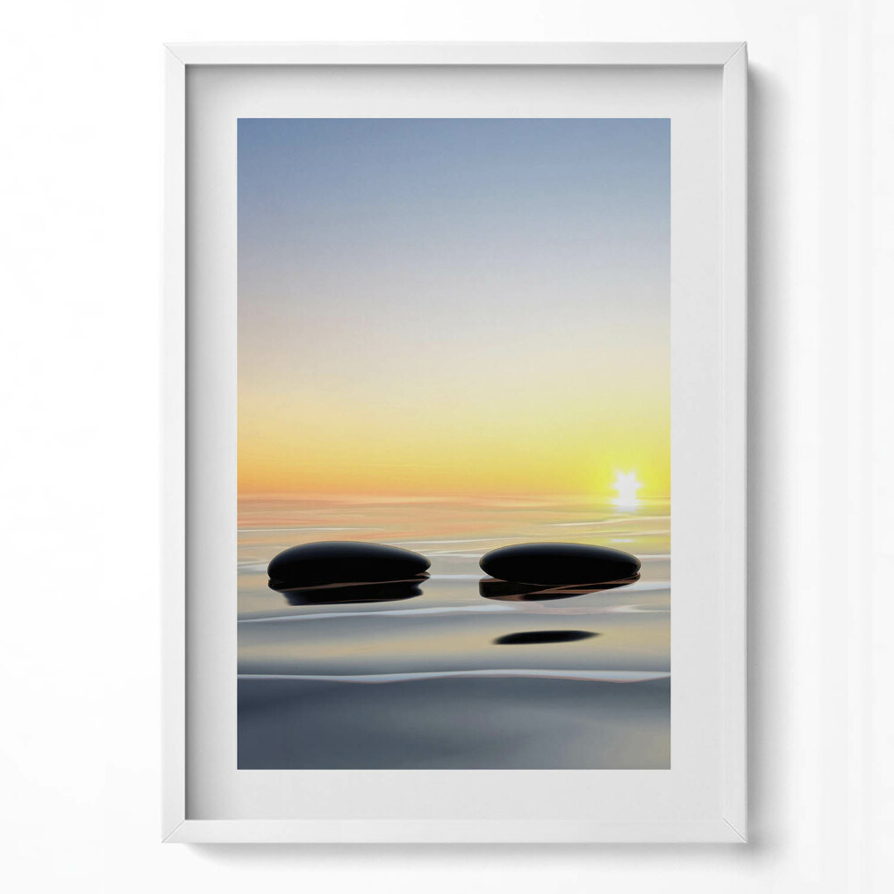 Obraz v rámu dekorativní Kameny na vodě při východu slunce - zen
