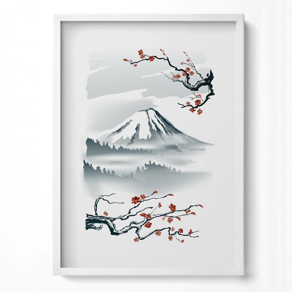 Obraz v rámu dekorativní Japonská ilustrace hory Fuji a třešňových květů