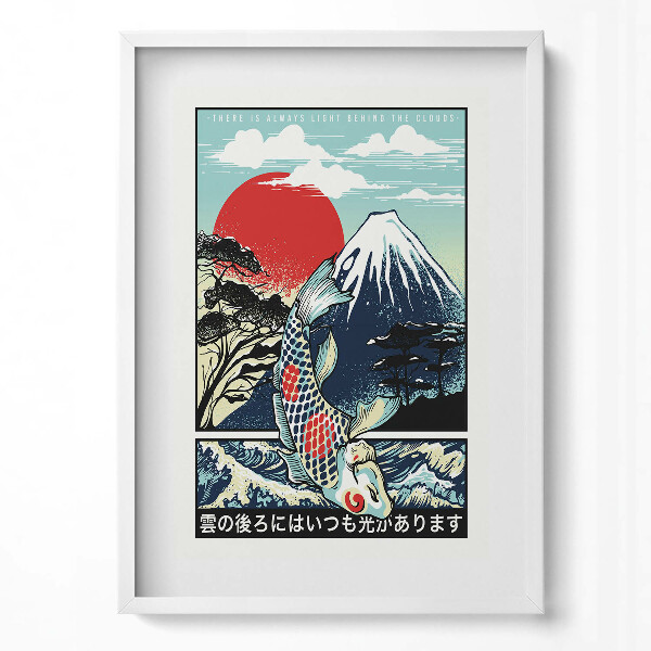 Obraz v rámu dekorativní Japonská ilustrace hory Fuji a ryb Koi