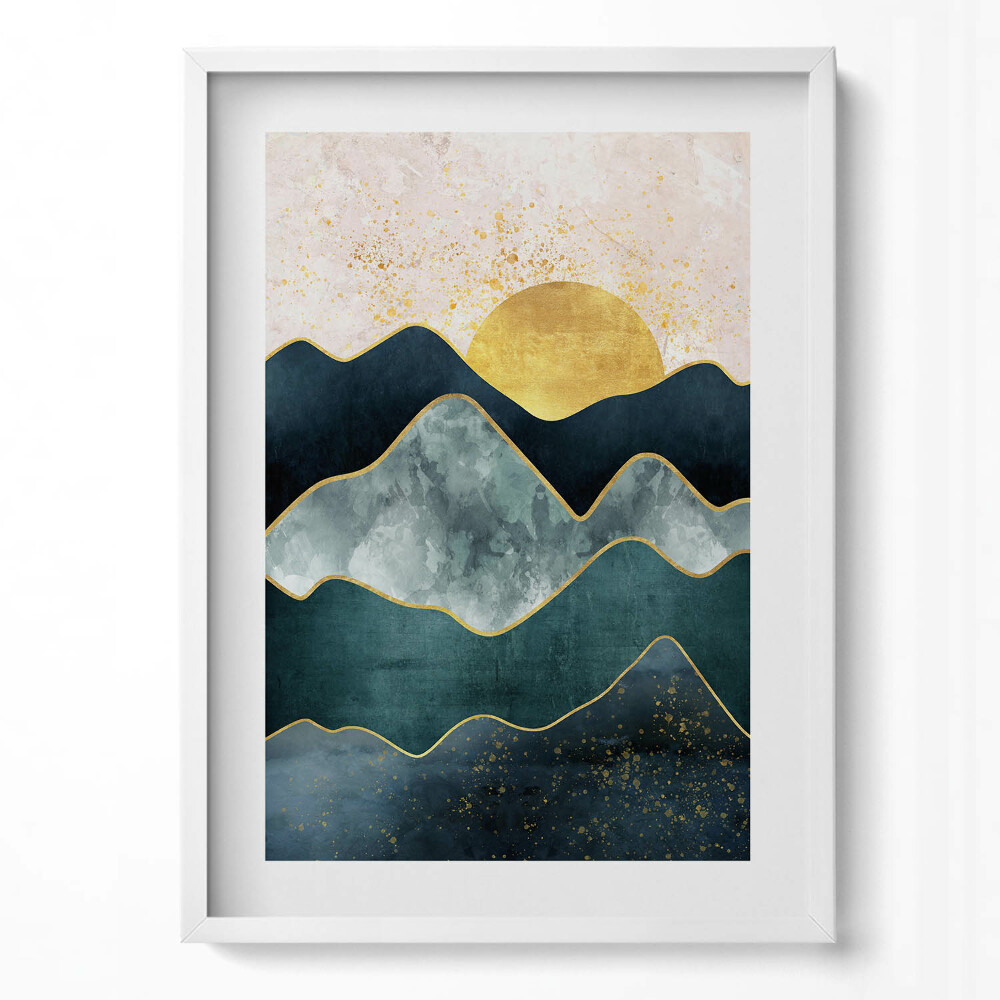 Obraz v rámu dekorativní Abstraktní krajina hor a zlatého slunce