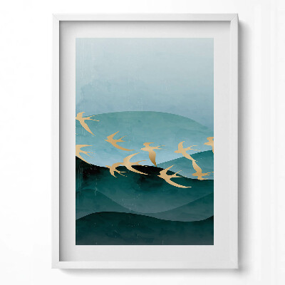 Obraz v rámu dekorativní Ilustrace zlatých ptáků na obloze