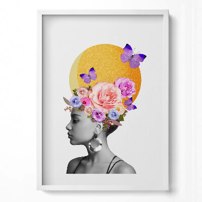 Obraz v rámu dekorativní Ženská hlava s květinami a motýly