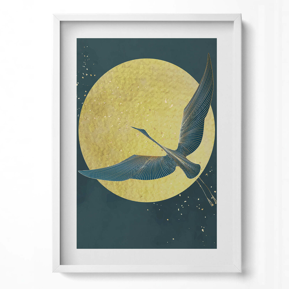 Obraz v rámu dekorativní Abstraktní jeřáb na zlatém slunci