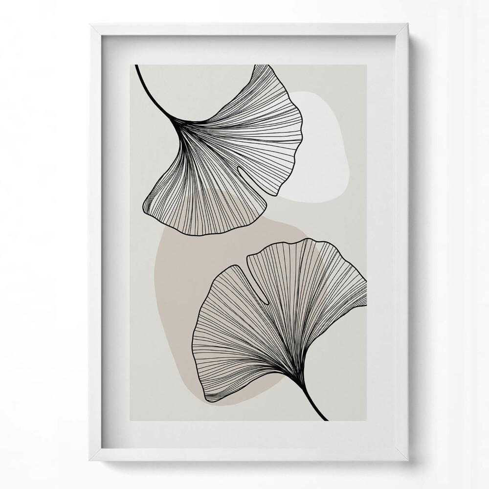 Obraz v rámu dekorativní Lineární listy ginkga v boho stylu