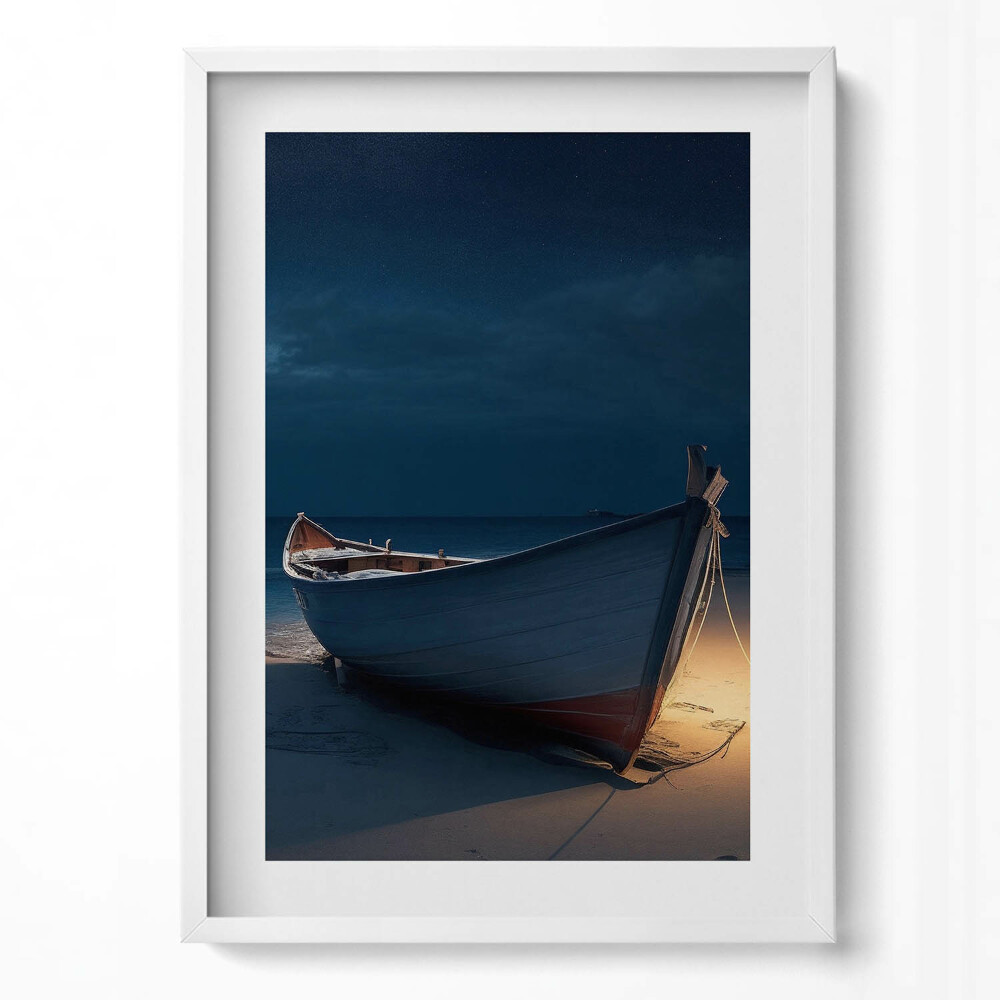 Obraz v rámu dekorativní Loď na břehu pláže v noci