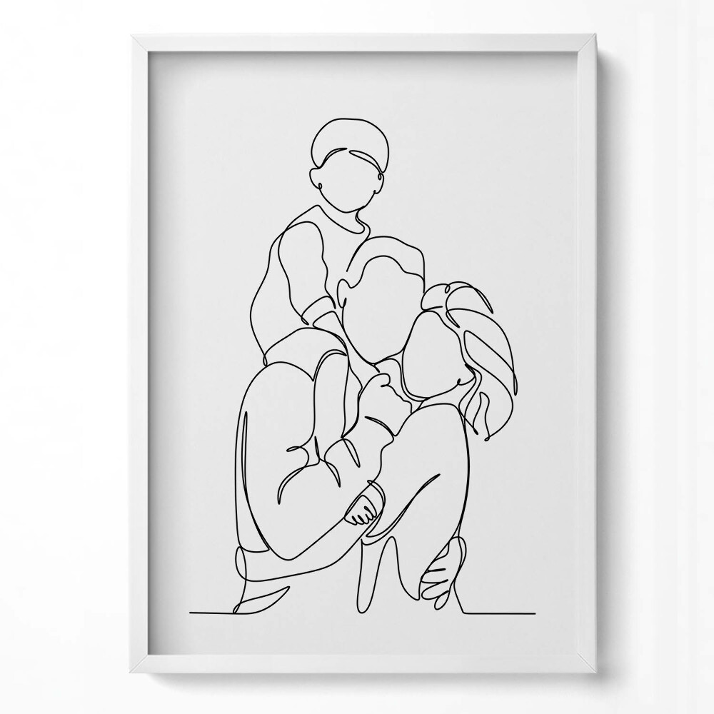 Obraz v rámu dekorativní Line-art šťastné rodiny s dítětem