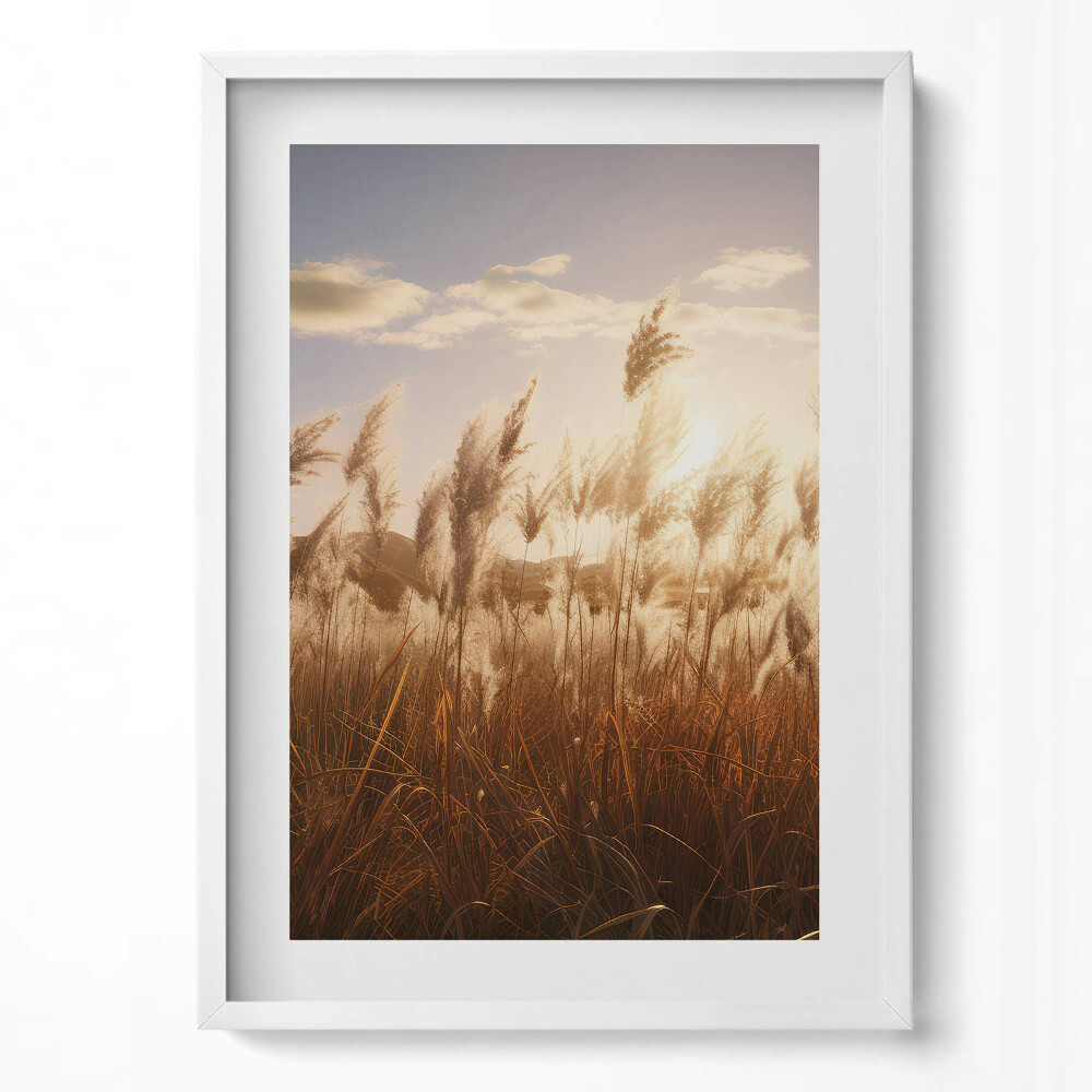 Obraz v rámu dekorativní Romantický západ slunce nad trávou