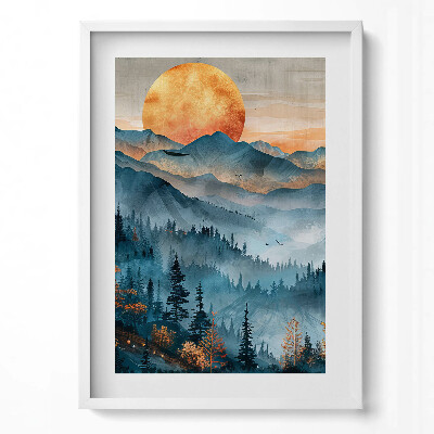 Obraz v rámu dekorativní Abstraktní krajina slunce nad horami a lesy