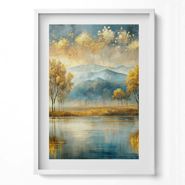 Obraz v rámu dekorativní Abstraktní krajina zlatých stromů u jezera