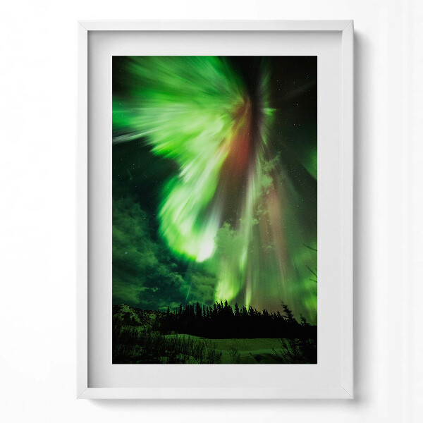 Obraz v rámu dekorativní Zelená polární záře nad lesem