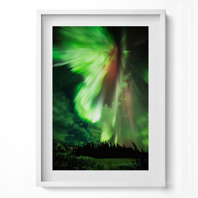 Obraz v rámu dekorativní Zelená polární záře nad lesem