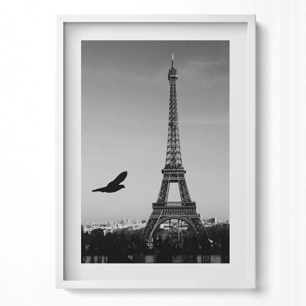 Obraz v rámu dekorativní Eiffelova věž a létající pták Paříž
