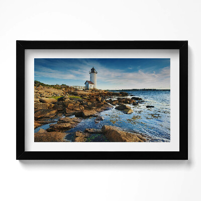 Obraz s rámem dekorativní Maják, skály a nebeská krajina