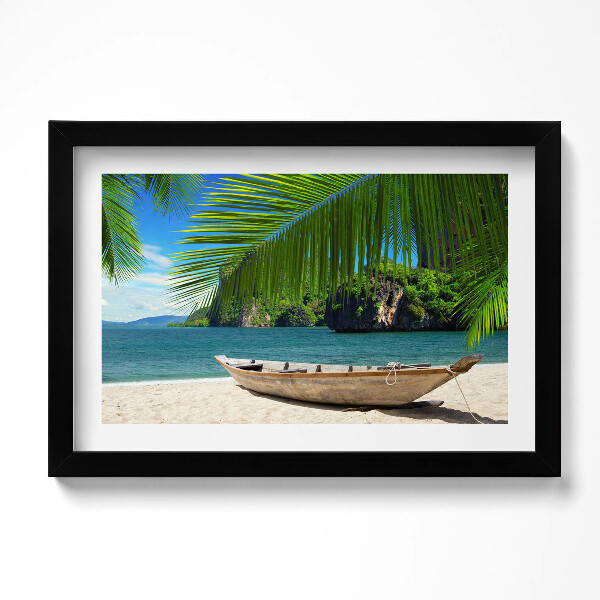 Obraz s rámem dekorativní Loď na pláži pod palmou