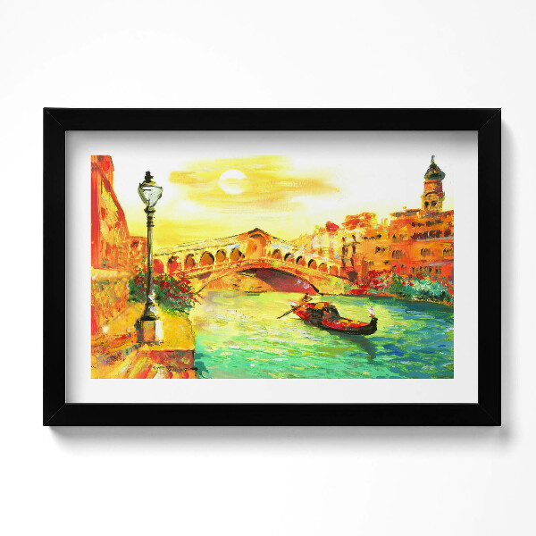 Obraz s rámem dekorativní Benátky - gondola a most Rialto