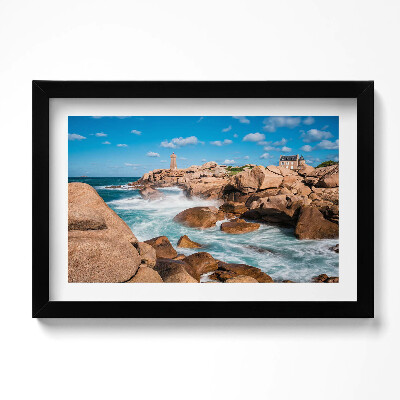 Obraz s rámem dekorativní Voda, skály a maják