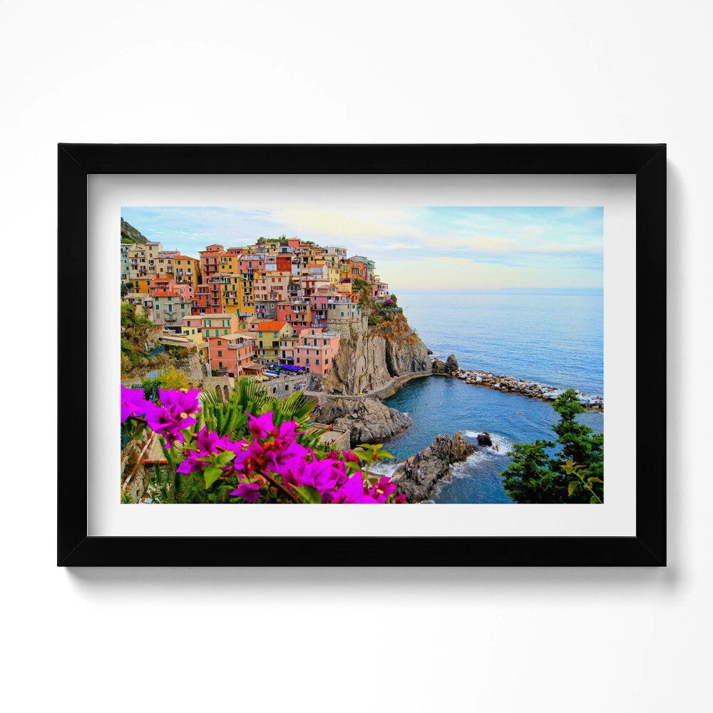 Obraz s rámem dekorativní Květiny a pobřeží Cinque Terre Itálie