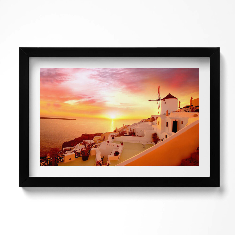 Obraz s rámem dekorativní Santorini se starým větrným mlýnem