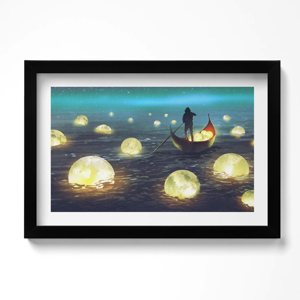 Obraz s rámem dekorativní Ilustrace lodí a měsíců