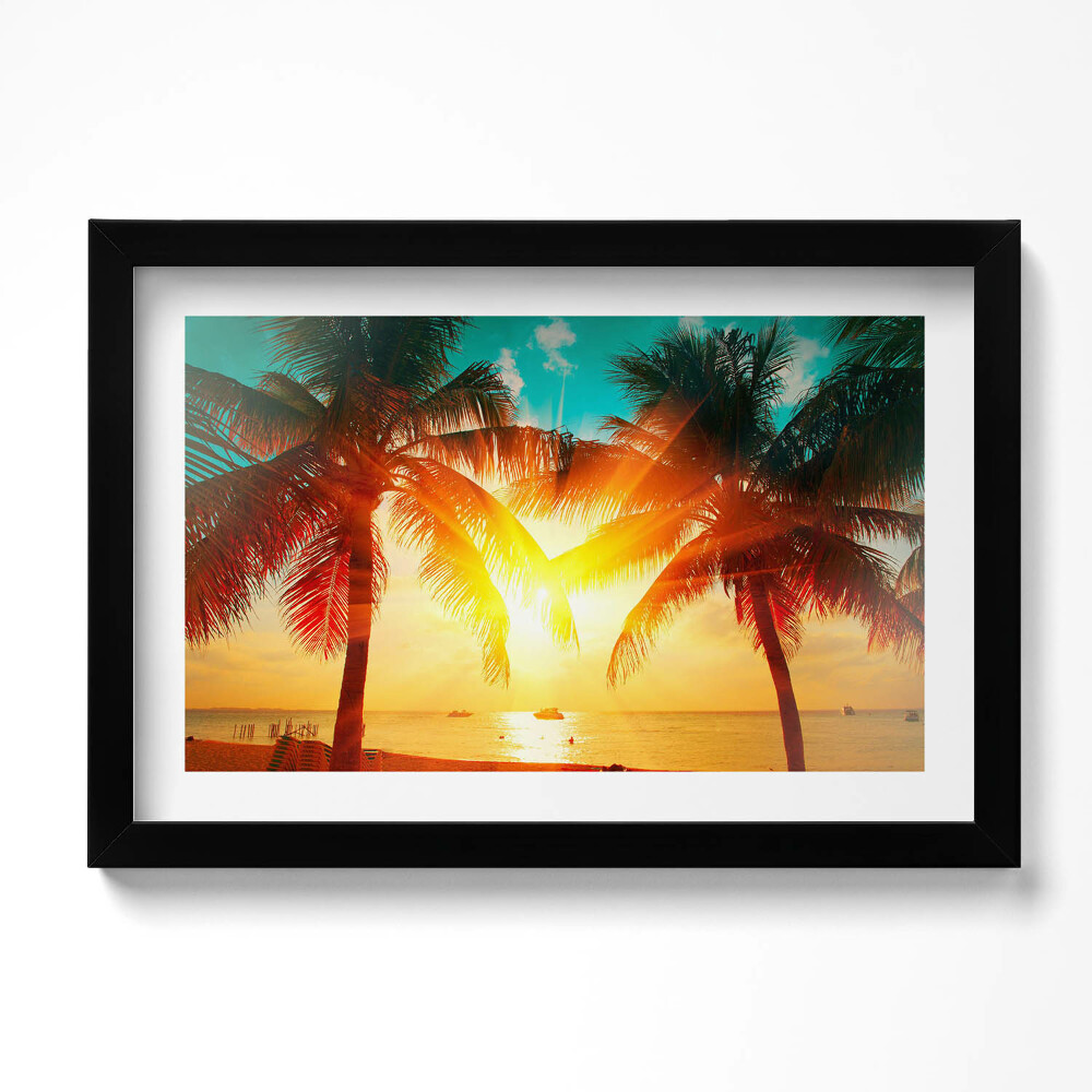 Obraz s rámem dekorativní Pohled na dovolenou - palmy při západu slunce