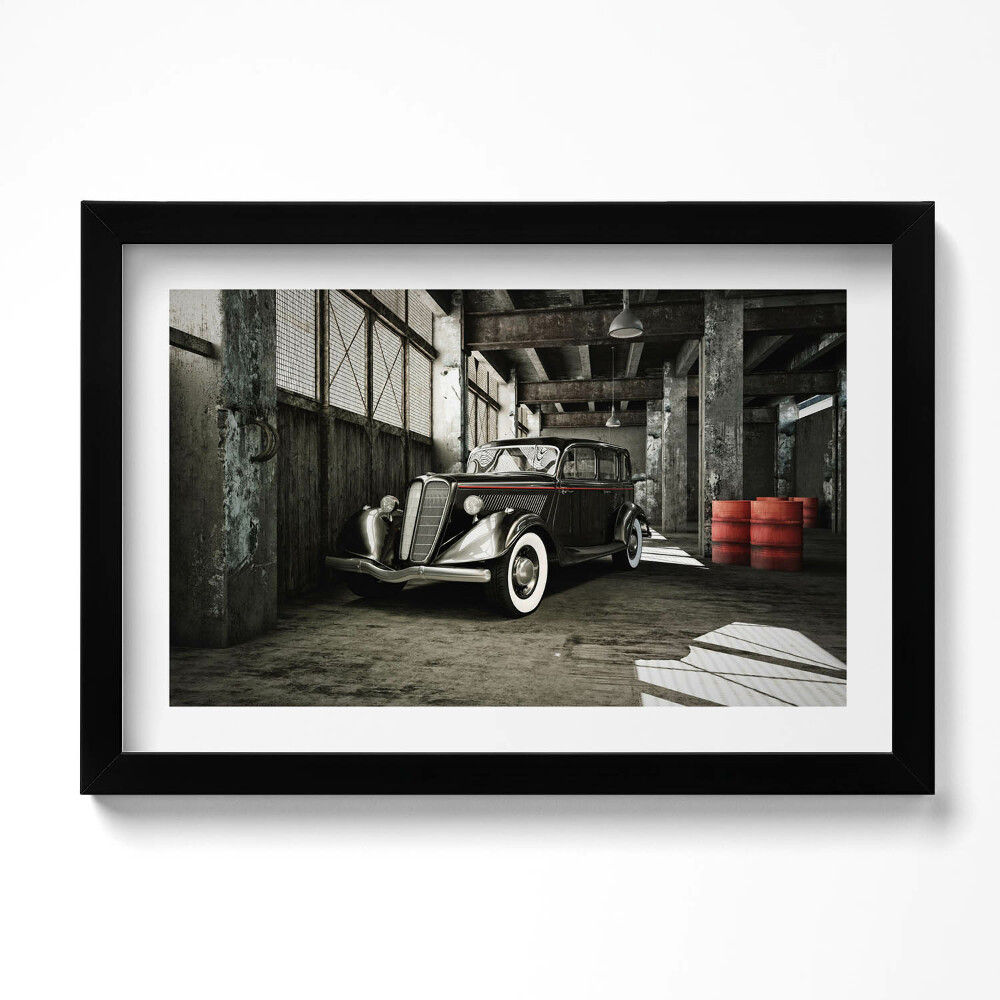 Obraz s rámem dekorativní Klasické auto ve staré továrně