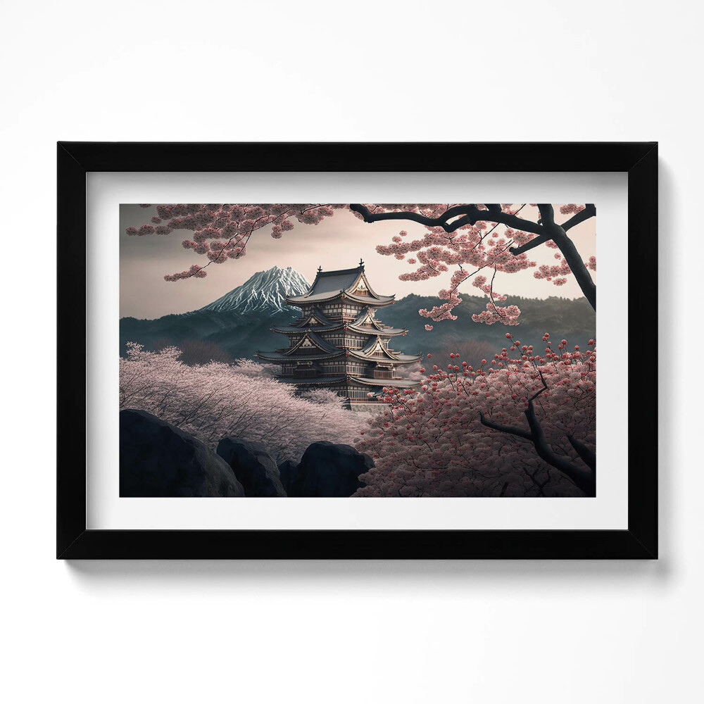 Obraz s rámem dekorativní Asijská věž a třešňové květy
