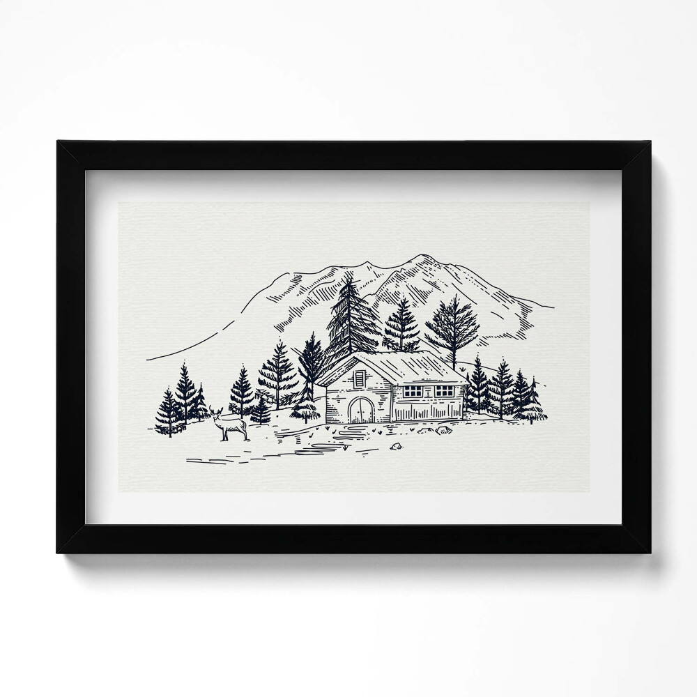 Obraz s rámem dekorativní Kresba chaty v horách