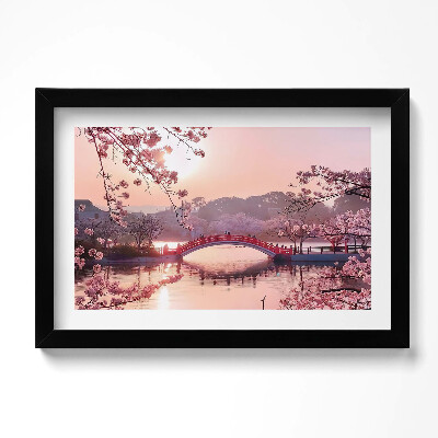 Obraz s rámem dekorativní Třešňové květy a most - japonský styl