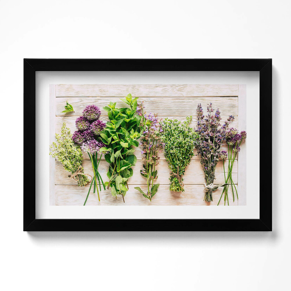 Obraz s rámem dekorativní Rostliny a byliny na prknech