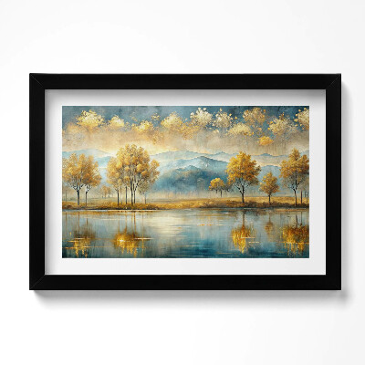 Obraz s rámem dekorativní Abstraktní krajina zlatých stromů u jezera