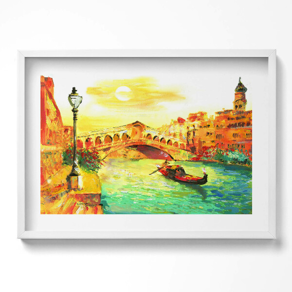 Obraz v rámu moderní Benátky - gondola a most Rialto