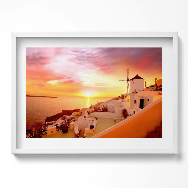 Obraz v rámu moderní Santorini se starým větrným mlýnem