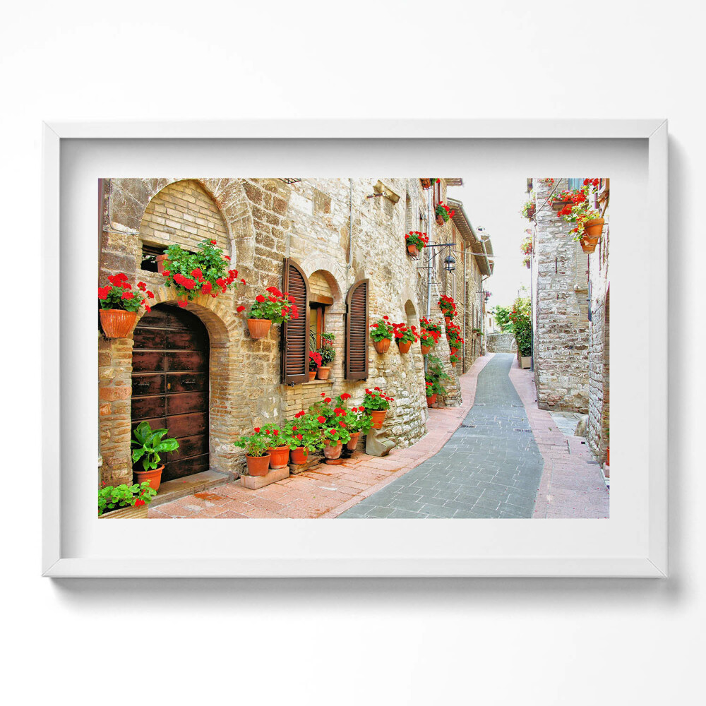 Obraz v rámu moderní Malebná ulice s květinami