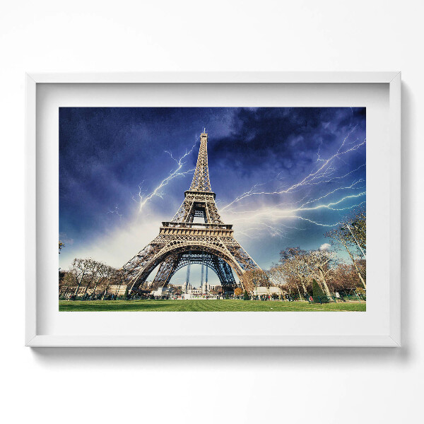 Obraz v rámu moderní Eiffelova věž, blesky a bouře