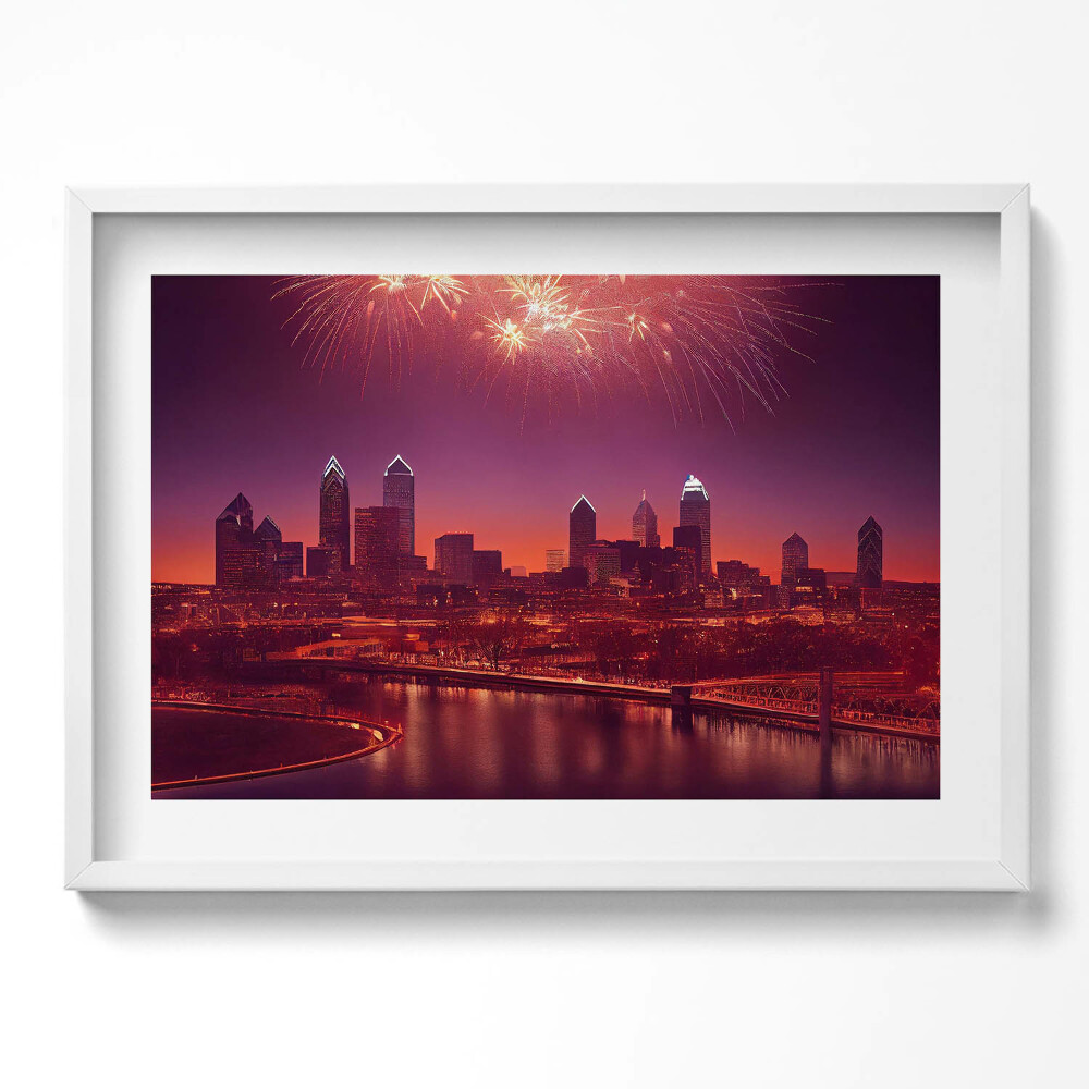 Obraz v rámu moderní Město v noci ohňostroj ve Philadelphii