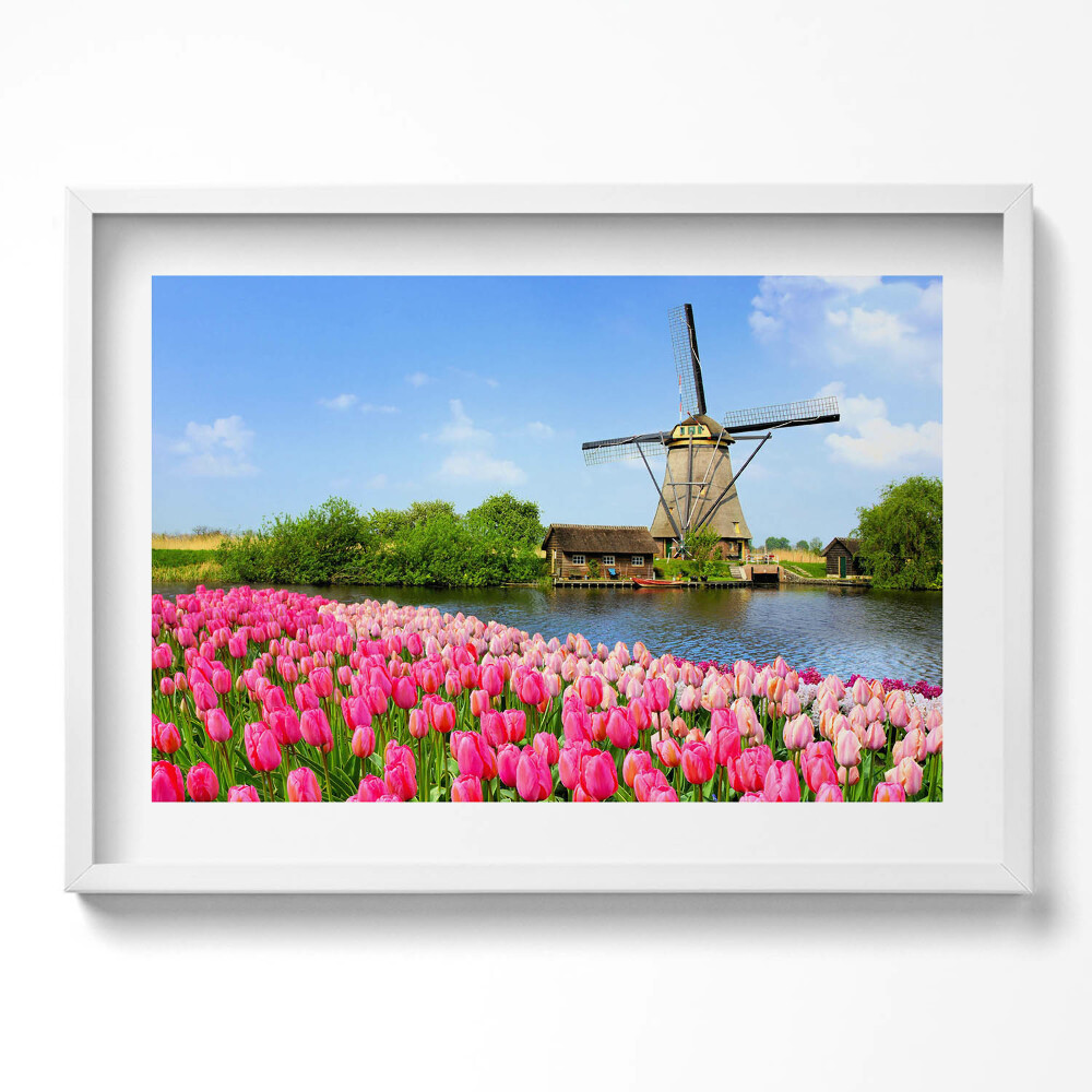 Obraz v rámu moderní Holandský větrný mlýn s květinami