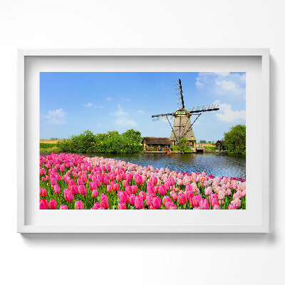 Obraz v rámu moderní Holandský větrný mlýn s květinami