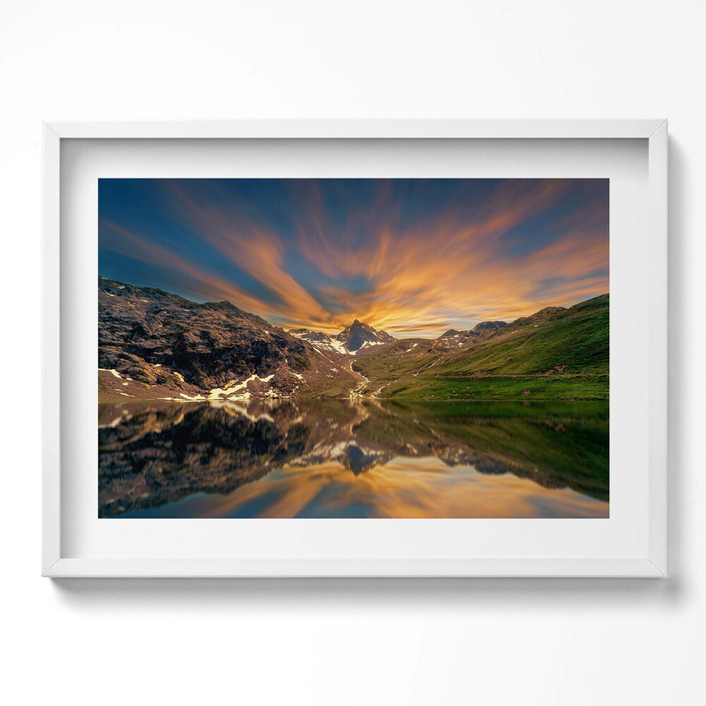 Obraz v rámu moderní Horské jezero a západ slunce