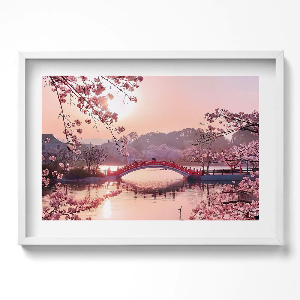 Obraz v rámu moderní Třešňové květy a most - japonský styl