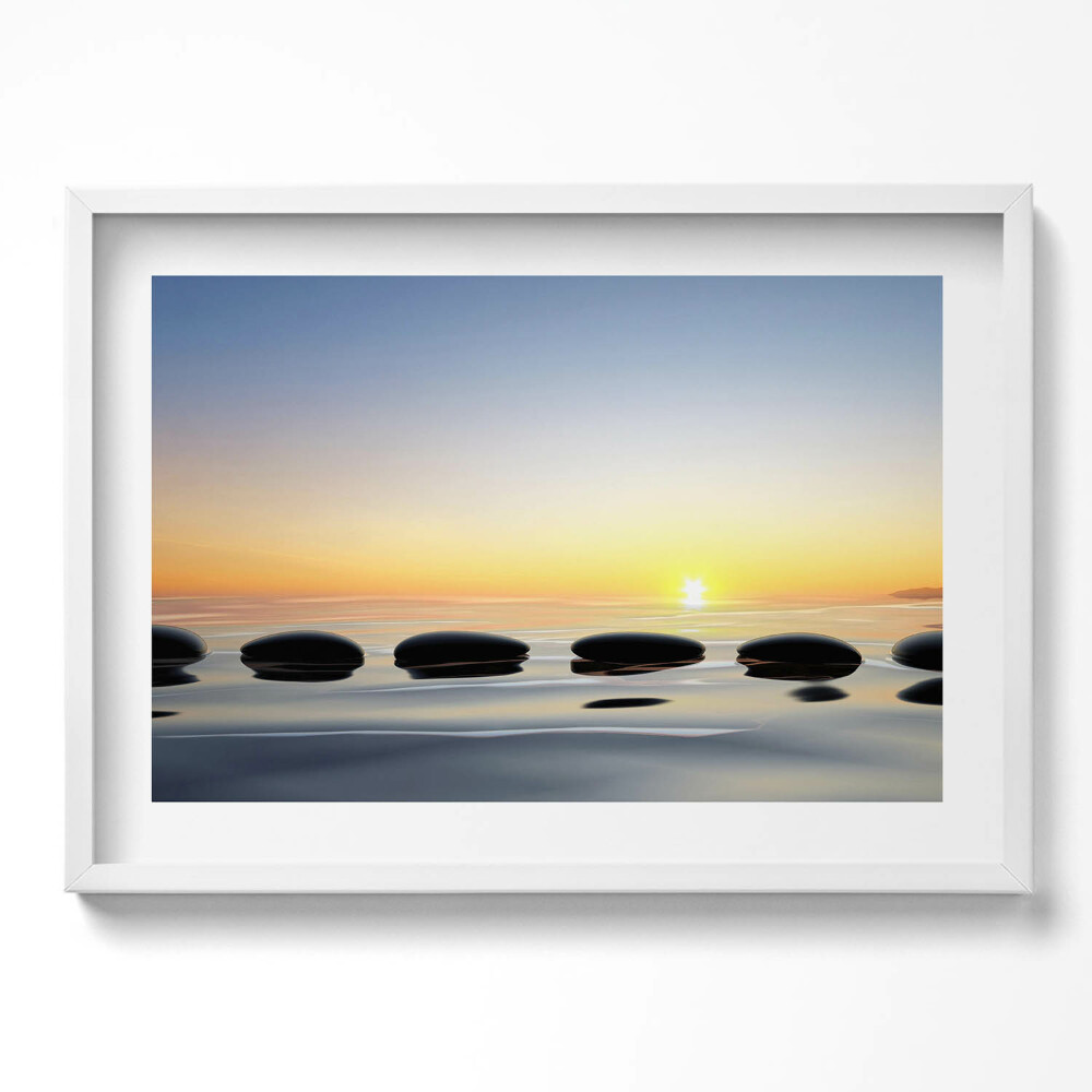 Obraz v rámu moderní Kameny na vodě při východu slunce - zen