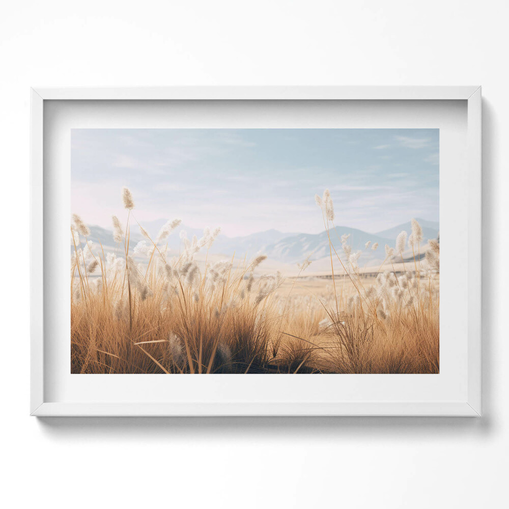 Obraz v rámu moderní Romantická krajina trávy a hor v boho stylu