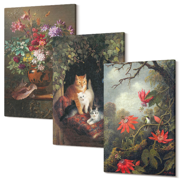 Sada obrazů triptych Vintage květiny, kočky a rostliny v přírodě