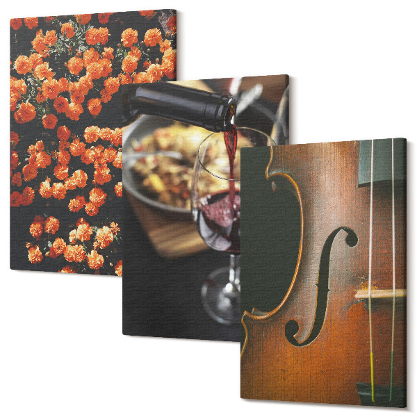 Sada obrazů na zeď triptych Vintage romantické květiny víno a housle