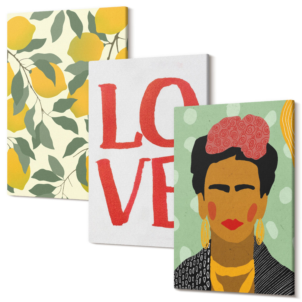 Sada 3 obrazů Citrony s nápisem LOVE malovaný portrét Fridy Kahlo