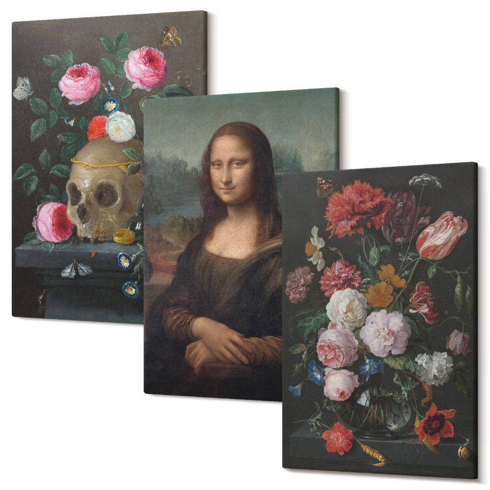 Sada obrazů triptych Vintage Flowers Lebka a portrét Mony Lisy od Leonarda da Vinci